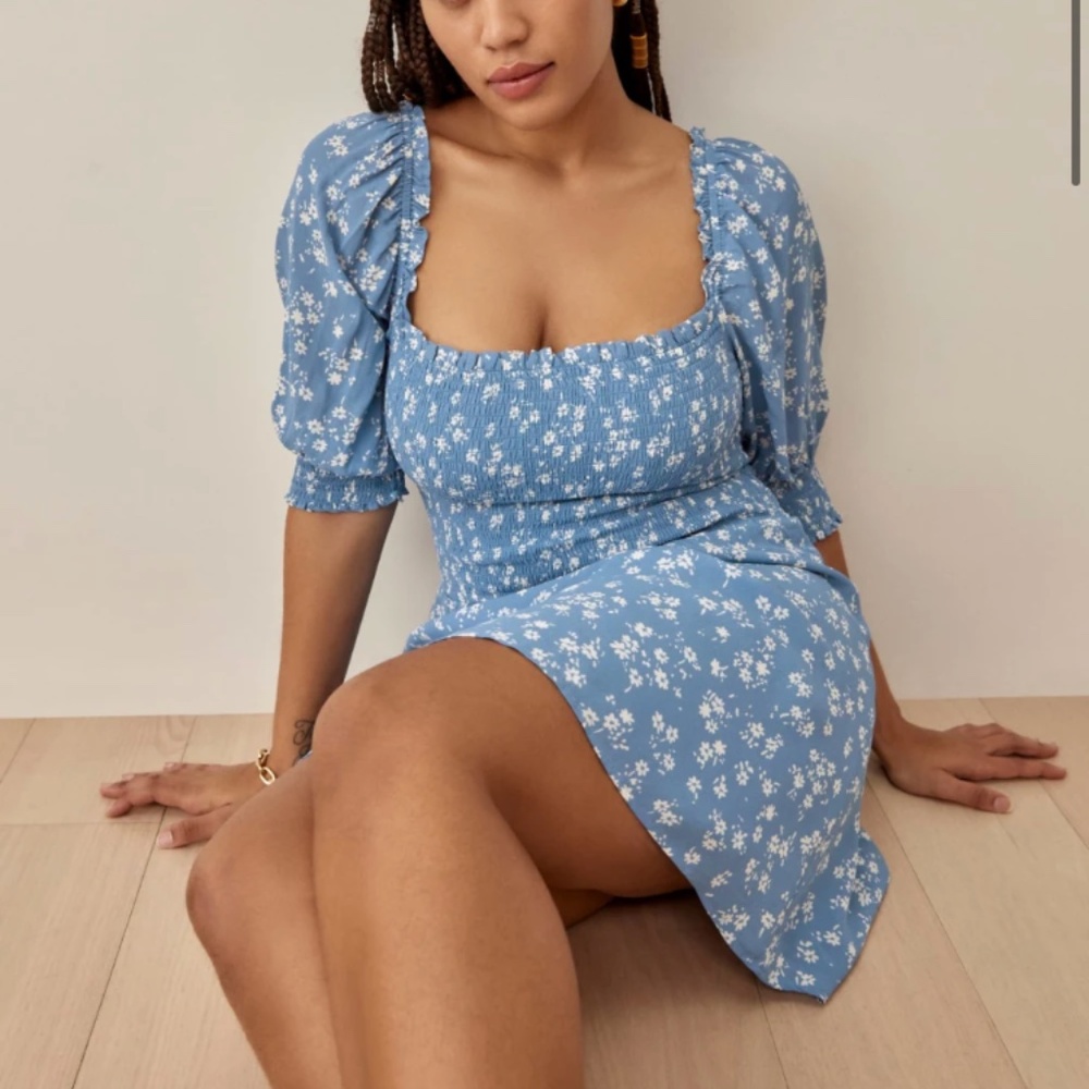 Reformation Elle Mini Dress Blue w/White Flowers sz 12 NWT